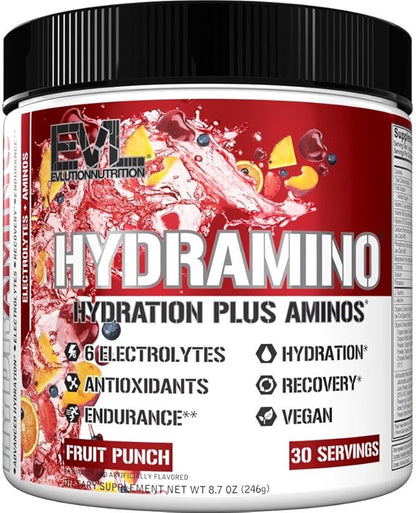 Evlution Nutrition HYDRAMINO Complete Hydration Multiplier, All 6 Electrolytes, Vitamin C & B, Fluid Boosting Aminos, Coconut Water, Endurance, Recovery, Antioxidants, 30 Serve, Fruit Punch