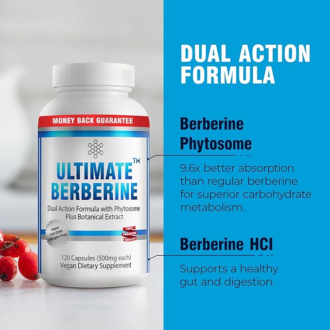 Ultimate Berberine Phytosome for Healthy Weight Management - Dual Action Formula with Berberine HCL - Carbohydrate Metabolism, GI, Immunity & Cholesterol Support - 1000mg Maximum Strength Supplement