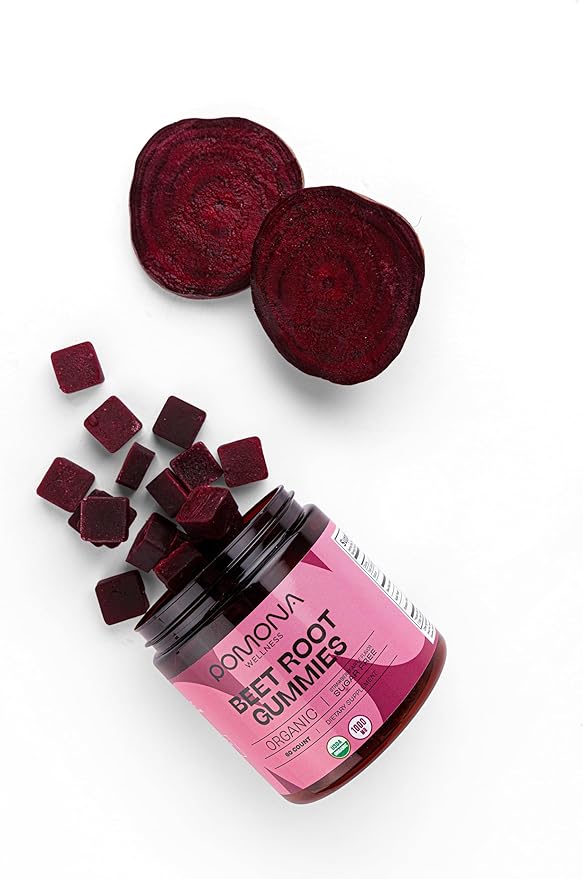 Pomona Wellness Organic Potent Beetroot Powder Gummies 1000mg – Sugar Free, Nitric Oxide Supplement - Natural Strawberry and Apple Flavor, Vegan, 60 Count