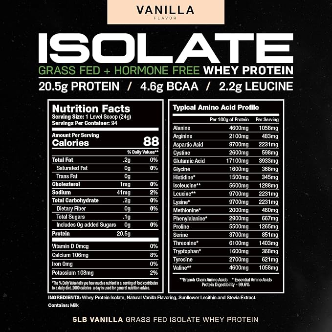 Muscle Feast Grass-Fed Whey Protein Isolate, All Natural Hormone Free Pasture Raised, Vanilla, 5lb (94 Servings)