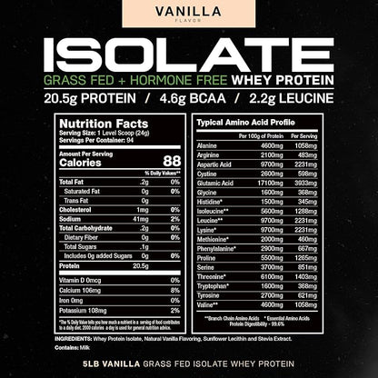 Muscle Feast Grass-Fed Whey Protein Isolate, All Natural Hormone Free Pasture Raised, Vanilla, 5lb (94 Servings)