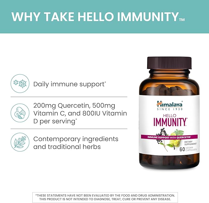 Himalaya Hello Immunity with Quercetin, Vitamin C, Vitamin D, Zinc, Amla, Elderberry & Holy Basil for Daily Immune Support, Vegan, Gluten Free, 60 Capsules, 1 Month Supply