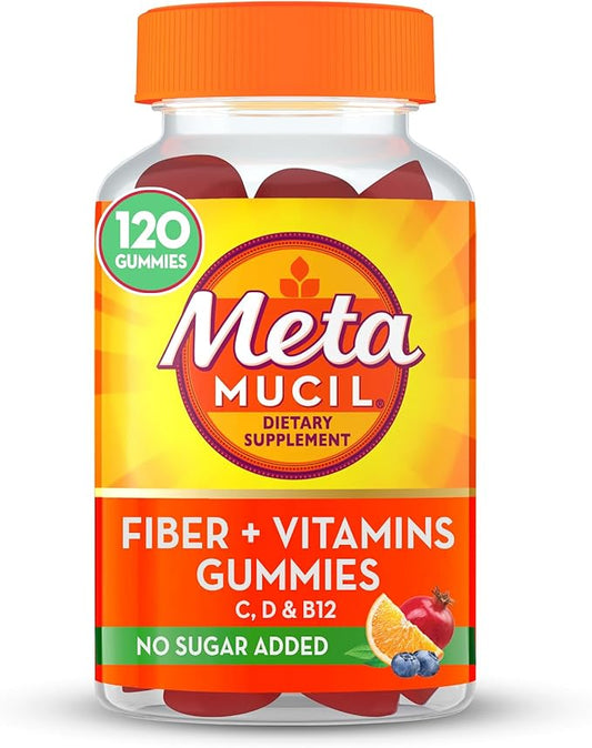 Metamucil Fiber Gummies for Adults with Vitamins C, D, B12 for Metabolism, No Sugar Added Citrus Berry Flavor, 5g Plant Based Prebiotic Fiber Supplement Blend, 120 Count