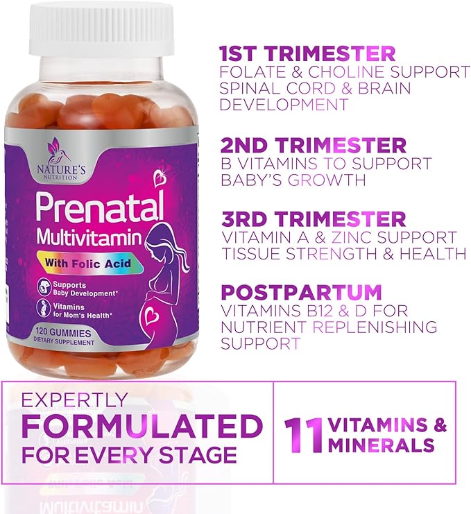 Prenatal Gummy with Folic Acid, Prenatal Vitamins and Minerals for Fetal Support, Vitamin A, C, D3, B12, B6 & Folate, Prenatal Multivitamin for Pregnant & Nursing Women - 120 Gummies, 60 Day Supply