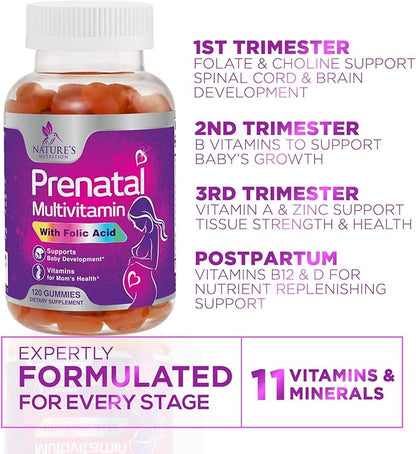 Prenatal Gummy with Folic Acid, Prenatal Vitamins and Minerals for Fetal Support, Vitamin A, C, D3, B12, B6 & Folate, Prenatal Multivitamin for Pregnant & Nursing Women - 120 Gummies, 60 Day Supply
