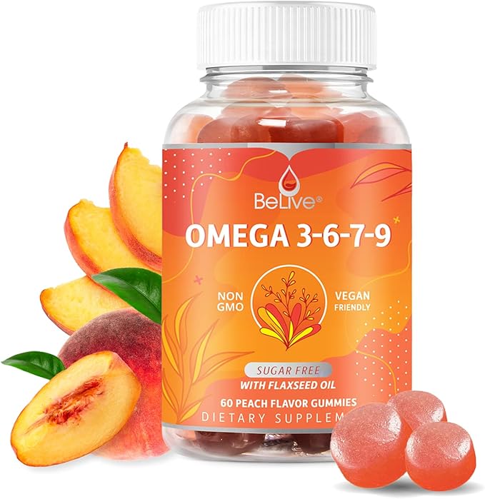 Organic Omega 3 Gummies with Omegas 6, 7, 9, DHA & EPA from Flaxseed Oil and Sea Buckthorn Fruit Oil - Sugar-Free, Supports Brain, Heart, Eye & Immune System, Supplements for Kids & Adults (60 CT)
