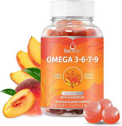 Organic Omega 3 Gummies with Omegas 6, 7, 9, DHA & EPA from Flaxseed Oil and Sea Buckthorn Fruit Oil - Sugar-Free, Supports Brain, Heart, Eye & Immune System, Supplements for Kids & Adults (60 CT)
