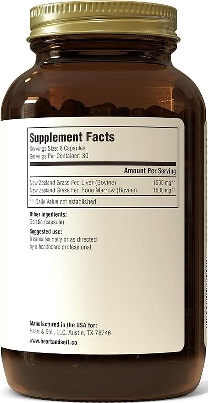 Heart & Soil Grass-Fed Bone Marrow & Liver Supplement - Desiccated Organ Supplements to Enhance Mood, Bone, Joint, Tissue, & Skin Health - 180 Capsules