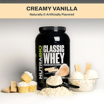 NutraBio Classic Whey Protein Powder- 25G of Protein Per Scoop - Full-Spectrum Amino Acid Profile - No Fillers, Artificial Colors, Preservatives - Low Glycemic Index - Creamy Vanilla, 2 Pounds