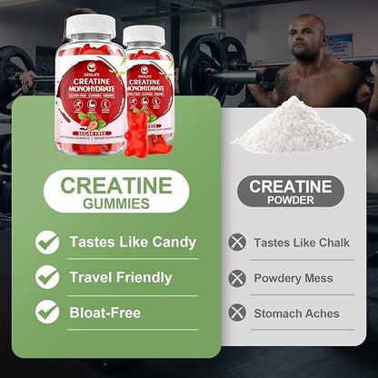 Creatine Monohydrate Gummies for Men & Women, Chewables Creatine Monohydrate for Muscle Strength, Muscle Builder, Energy Boost, Sugar Free, Vegan, Strawberry Flavor-60 Count
