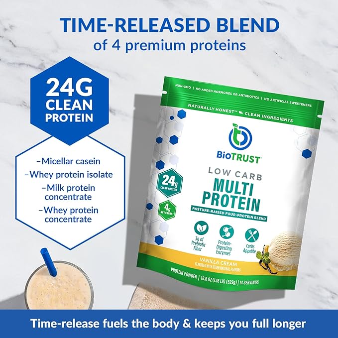 BioTrust Low Carb Protein Powder – Natural and Delicious Whey & Casein Blend from Grass-Fed Hormone Free Cows – Non GMO, Soy Free, Gluten Free, Hormone Free (Vanilla)