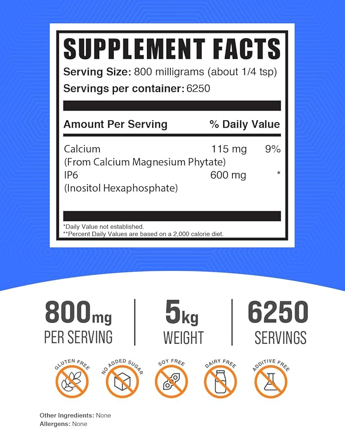 BulkSupplements.com IP6 Powder - Inositol Hexaphosphate, IP6 Supplement - Inositol Supplement for Immune Support, Gluten Free, 800mg per Serving, 5kg (11 lbs) (Pack of 5)