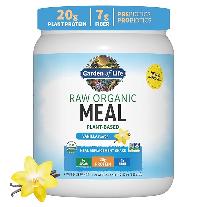 Garden of Life Meal Replacement Shakes, Vegan Protein Powder, Raw Organic Protein Powder, Vanilla Protein Powder with Plant Based Pea Protein, Sprouts, Greens, Probiotics, Dairy Free 14 Servings