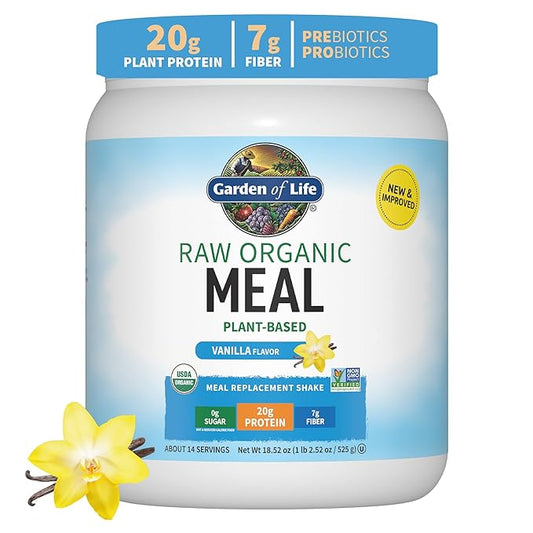 Garden of Life Meal Replacement Shakes, Vegan Protein Powder, Raw Organic Protein Powder, Vanilla Protein Powder with Plant Based Pea Protein, Sprouts, Greens, Probiotics, Dairy Free 14 Servings