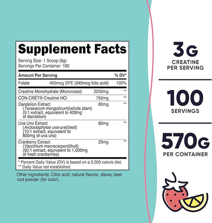 Nutricost Creatine Monohydrate Powder for Women, Micronized, Strawberry Lemonade, 100 Servings - Vegetarian, Non-GMO, Gluten Free