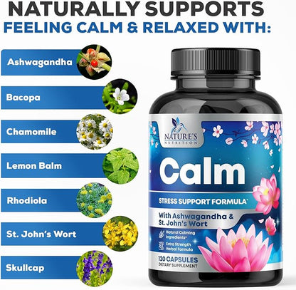 Natural Unwind, Calm, & Relax Support with Ashwagandha, GABA, Magnesium, 5-HTP, L-Theanine & B Vitamins, Natural Focus, Energy & Immune Support - Nature's Non-GMO, Vegan, Gluten Free - 120 Capsules