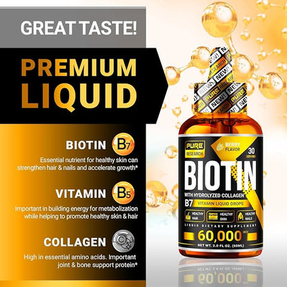 PURE RESEARCH Liquid Biotin & Collagen Hair Growth Drops 60,000mcg - Biotin and Liquid Collagen Supplement for Men & Women - Glowing Skin Support, Healthy Hair & Nail Growth - 2oz