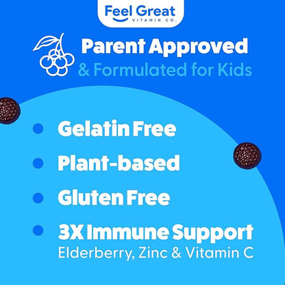 Feel Great Immune Support for Kids | Vitamin C Zinc & Elderberry Gummies for Kids | Sambucus Nigra Immunity Multivitamin for Kids | Vegetarian Multivitamin Gummies | 60 Day Supply
