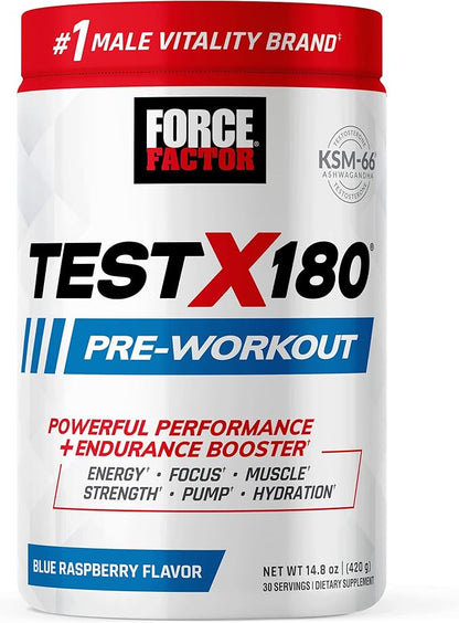 FORCE FACTOR Test X180 Pre-Workout Powder & Energy Supplement, Boost Focus & Endurance, Build Muscle & Strength, Nitric Oxide Supplement with Ashwagandaha & L-Citrulline, Blue Raspberry, 30 Servings