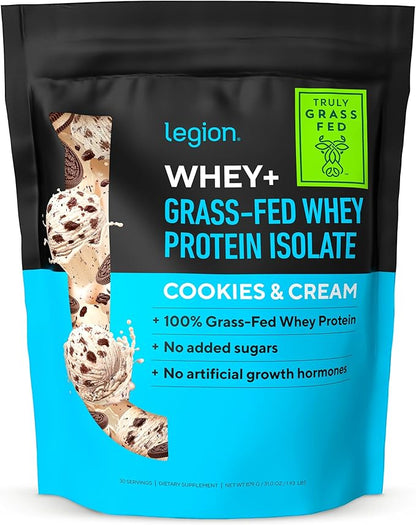 LEGION Whey+ Whey Isolate Protein Powder from Grass Fed Cows - Low Carb, Low Calorie, Non-GMO, Lactose Free, Gluten Free, Sugar Free, All Natural Whey Protein Isolate, 30 Servings (Cookie & Cream)