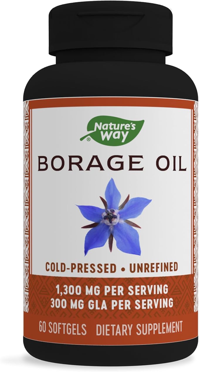 Nature's Way Borage Oil, Cold Pressed & Unrefined, GLA Supplement, 1300mg Per Serving, 60 Softgels