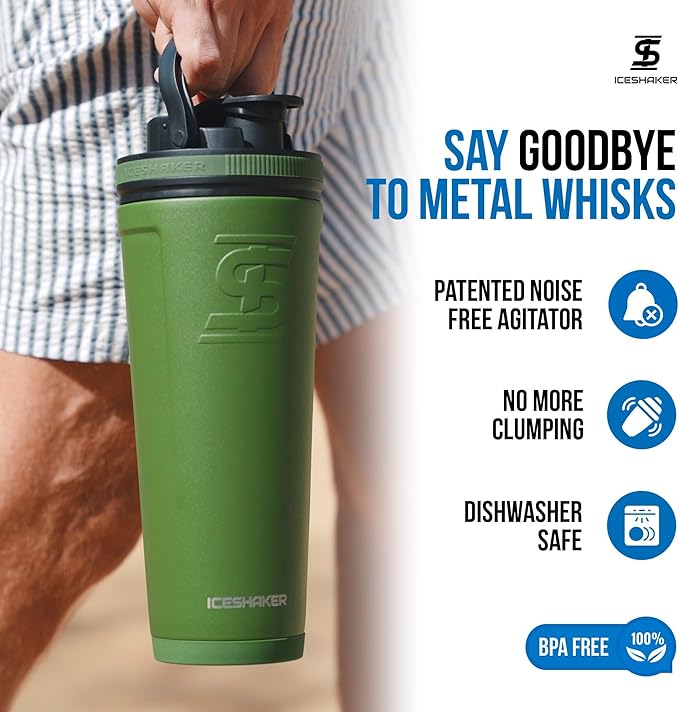 Ice Shaker Insulated Stainless Steel Shaker Bottle | 26oz, Green | Cold for 30+ Hours | Insulated Cup with Twist-on Agitator | Odor-Free Shaker Cup for Protein Shakes, Water, Smoothies, Cocktails