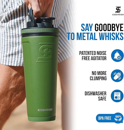 Ice Shaker Insulated Stainless Steel Shaker Bottle | 26oz, Green | Cold for 30+ Hours | Insulated Cup with Twist-on Agitator | Odor-Free Shaker Cup for Protein Shakes, Water, Smoothies, Cocktails