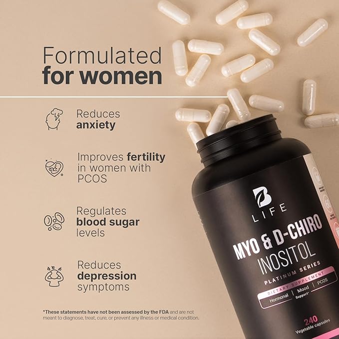 Myo-Inositol & D-Chiro Inositol by B Life - 240 Capsules | Made in USA | 40:1 Ratio | Vitamin B8 Supplement