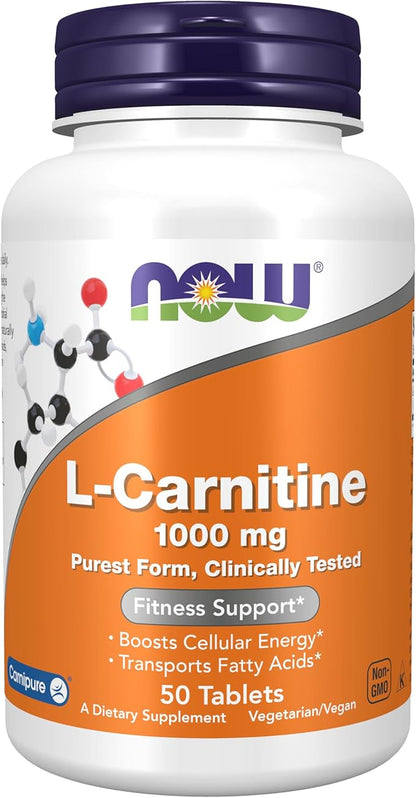 NOW Foods Supplements, L-Carnitine 1,000 mg, Purest Form, Amino Acid, Fitness Support*, 50 Tablets