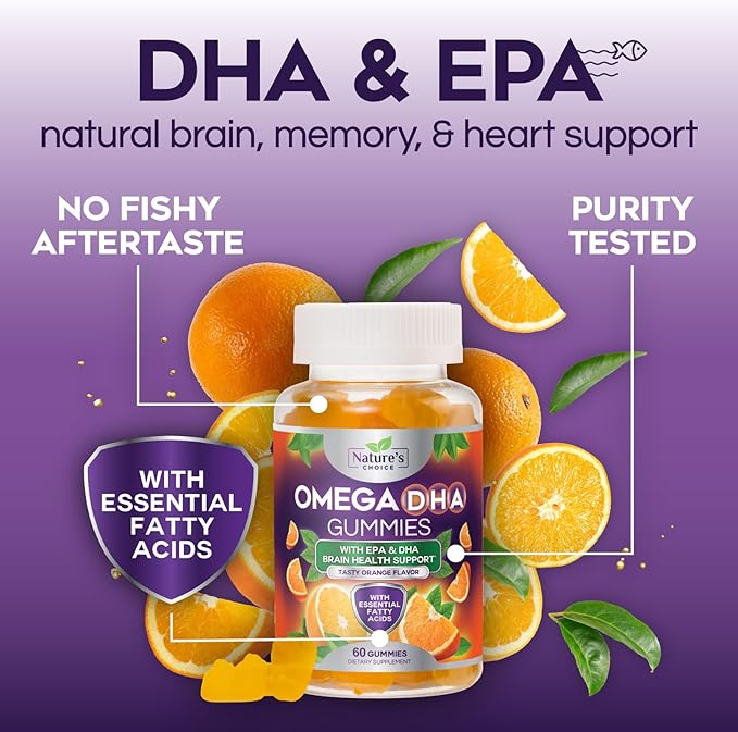 Omega 3 Fish Oil Gummies - Triple Strength Omega 3 Gummy Vitamins, High Absorption EPA & DHA Fatty Acids, for Heart Health & Brain Support, Nature's Fish Oil Supplement, Orange Flavor - 60 Gummies