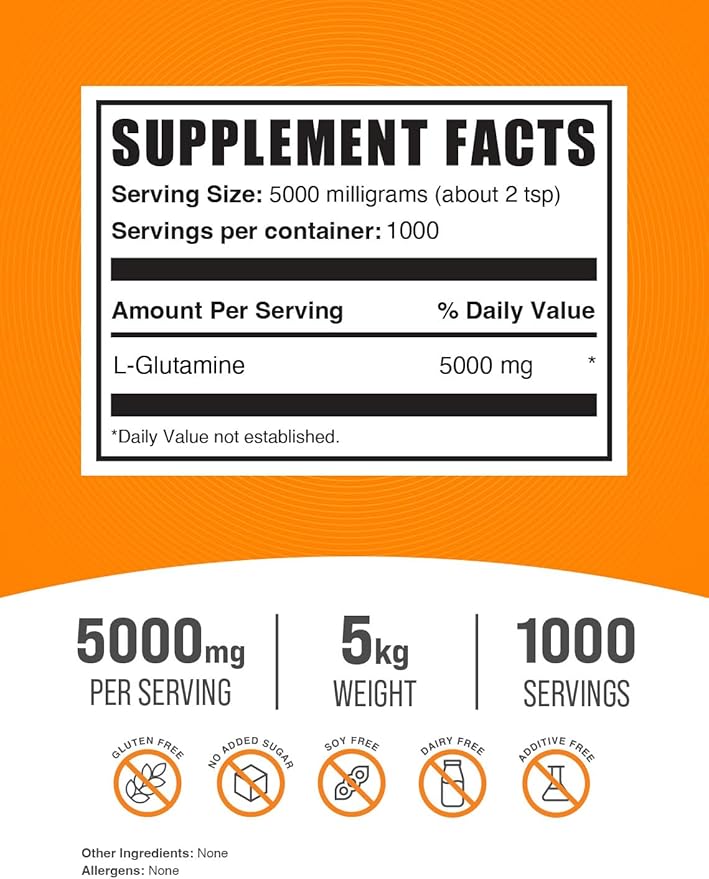BulkSupplements.com L-Glutamine Powder - Glutamine Supplement, L-Glutamine 5000mg, L Glutamine Powder - Unflavored & Gluten Free, 5000mg per Serving, 5kg (11 lbs) (Pack of 5)