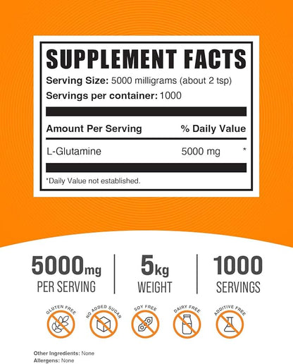 BulkSupplements.com L-Glutamine Powder - Glutamine Supplement, L-Glutamine 5000mg, L Glutamine Powder - Unflavored & Gluten Free, 5000mg per Serving, 5kg (11 lbs) (Pack of 5)