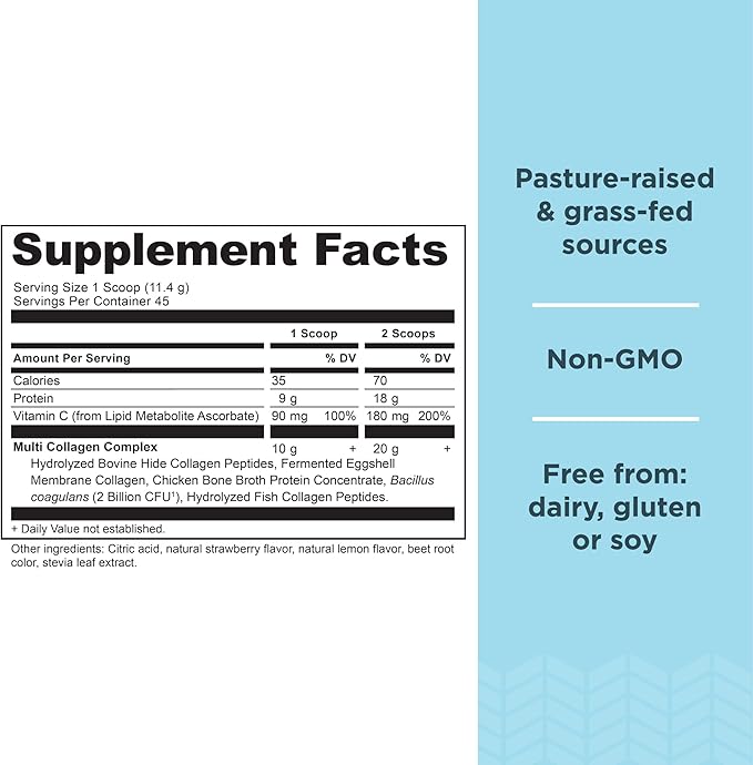 Ancient Nutrition Collagen Powder Protein, Multi Collagen Protein Powder, Strawberry Lemonade, 45 Servings, w/Vitamin C, Hydrolyzed Collagen Peptides for Skin, Nails, Gut Health and Joints, 18.1oz