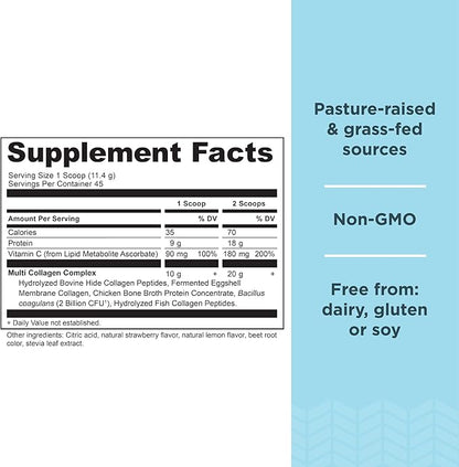 Ancient Nutrition Collagen Powder Protein, Multi Collagen Protein Powder, Strawberry Lemonade, 45 Servings, w/Vitamin C, Hydrolyzed Collagen Peptides for Skin, Nails, Gut Health and Joints, 18.1oz