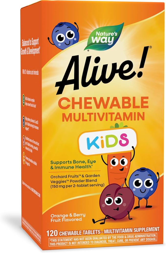 Nature's Way Alive! Children's Daily Chewable Multivitamin, Supports Bone, Eye, and Immune Health*, Orange & Berry Fruit Flavored, Gluten Free, 120 Chewable Tablets (Packaging May Vary)