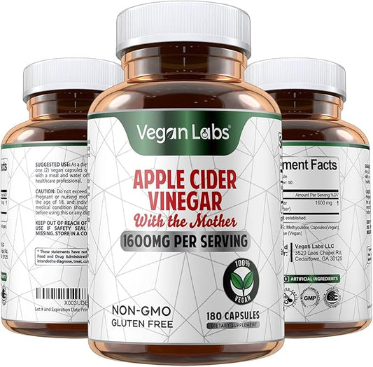 Vegan Labs Apple Cider Vinegar Capsules with The Mother- 180 Vegan Capsules, 1600MG Per Serving- 100% Natural ACV Pills- Supports Healthy Digestion, Keto, Weight Management, Detox, and Immune System