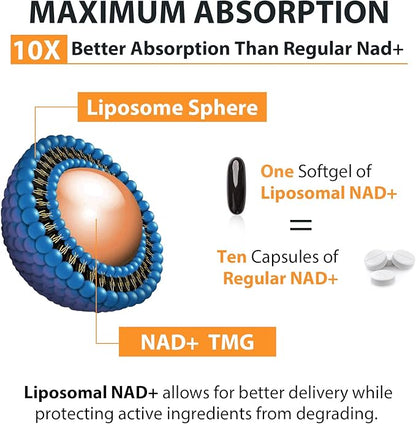 Liposomal NAD+ Supplement 500 mg, High Absorption, Boost NAD+ with TMG 250 mg, Actual NAD Plus More Efficient Than Nicotinamide Riboside, Support Cellular Energy, Healthy Aging | 240 Softgels