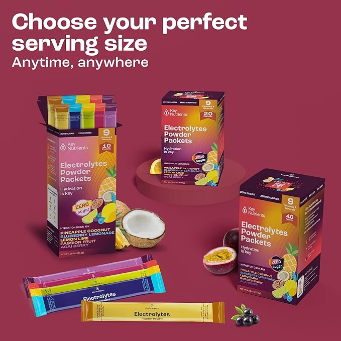 KEY NUTRIENTS Electrolytes Powder Packets No Sugar - 5 Delicious Flavors in Hydration Packets 20 Pack - No Calories, Gluten Free Electrolytes Powder Packets, Non GMO, Made in USA