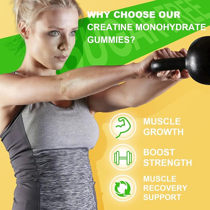 Creatine Monohydrate Gummies for Men & Women, Chewables Creatine Monohydrate for Muscle Strength, Muscle Builder, Energy Boost, Sugar Free, Vegan, Mango Flavor-120 Count