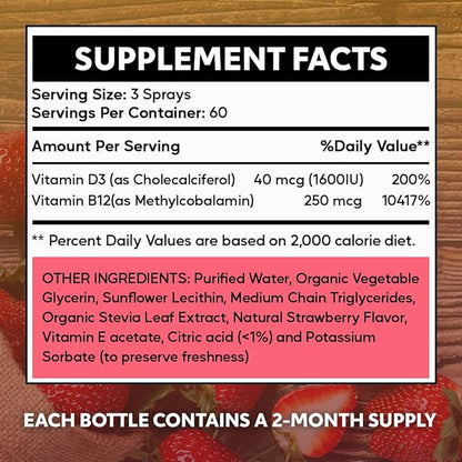 Liposomal Liquid Vitamin D3 + Vitamin B12 Spray |2 Month Supply|1 fl oz|Non-GMO |Sugar Free|Travel Friendly|Immune Support, Bone Health, Supports Energy, Brain Function