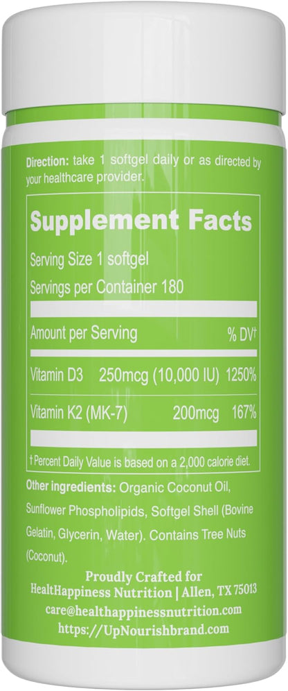 UpNourish Liposomal D3 K2 Vitamin 10000 IU D3 and K2 MK-7 200 mcg - 180 Vitamin D3 k2 (Vitamina D3 con K2) Mini Softgels - Easy to Swallow K2 D3 Vitamin Supplement