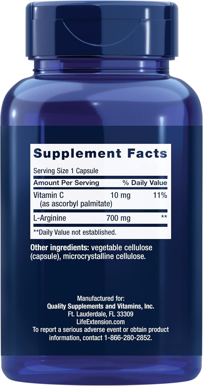 Life Extension L-Arginine Caps - L-Arginine Supplement for Men and Women with Vitamin C - for Immune System Support and Cardiovascular Health -700 mg – Gluten-Free, Non-GMO – 200 Capsules