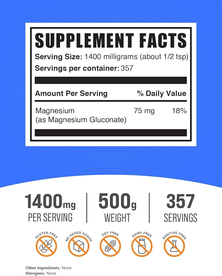 BulkSupplements.com Magnesium Gluconate Powder - Magnesium Gluconate Supplement, Essential & Gluten Free - 1400mg (75mg of Magnesium) per Serving, 500g (1.1 lbs) (Pack of 1)