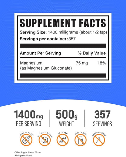 BulkSupplements.com Magnesium Gluconate Powder - Magnesium Gluconate Supplement, Essential & Gluten Free - 1400mg (75mg of Magnesium) per Serving, 500g (1.1 lbs) (Pack of 1)