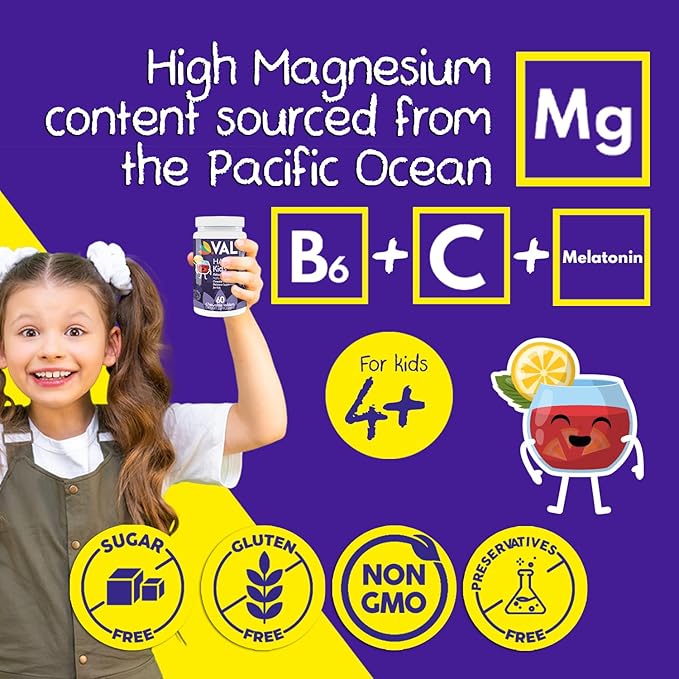 VAL Kids Melatonin Plus Magnesium, B6, Vitamin C, Bedtime Routine Supplement, Children’s Relaxation and Sleep Support for Kids 4+, Drug Free, Sugar Free, Natural Fruit Punch Flavor, 60 Chew Tabs