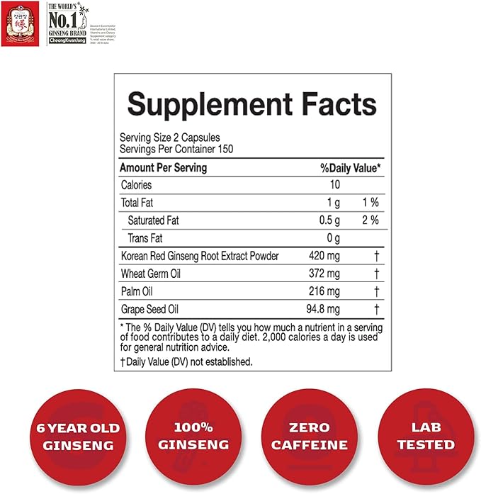 CheongKwanJang Korean Red Ginseng Extract Capsules Gold Panax Ginseng Root Powder Focus Pills for Men & Women, Natural Energy, Circulation, Immune, Brain Booster - 100 Capsules