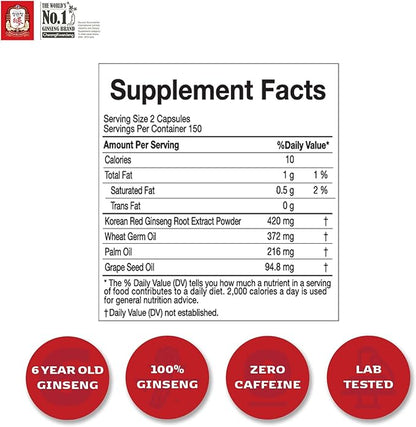 CheongKwanJang Korean Red Ginseng Extract Capsules Gold Panax Ginseng Root Powder Focus Pills for Men & Women, Natural Energy, Circulation, Immune, Brain Booster - 100 Capsules