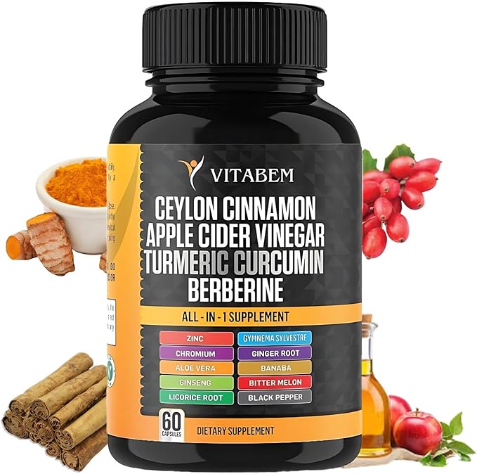Ceylon Cinnamon Capsules 3000mg Turmeric 3000mg Apple Cider Vinegar 3000mg Ginseng 2000mg Aloe Vera 2000mg Berberine Supplement 1200mg + Banaba | Bitter Melon | Gymnema | Ginger Root - 60 Count