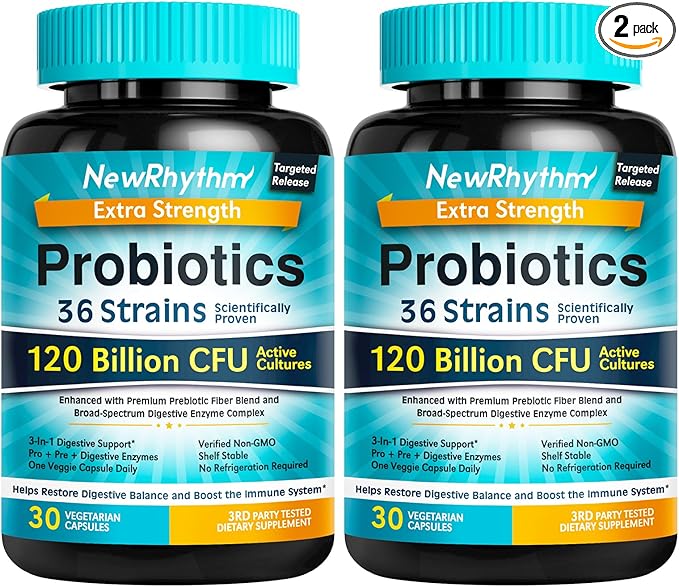 NewRhythm Probiotics 120 Billion CFU 36 Strains, 3-in-1 Probiotics for Digestive Health & Immune Support with Prebiotics & Enzymes, Probioticos for Women & Men, Vegan Targeted Release Supplement, 60ct