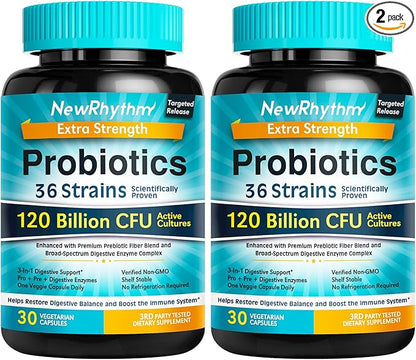 NewRhythm Probiotics 120 Billion CFU 36 Strains, 3-in-1 Probiotics for Digestive Health & Immune Support with Prebiotics & Enzymes, Probioticos for Women & Men, Vegan Targeted Release Supplement, 60ct